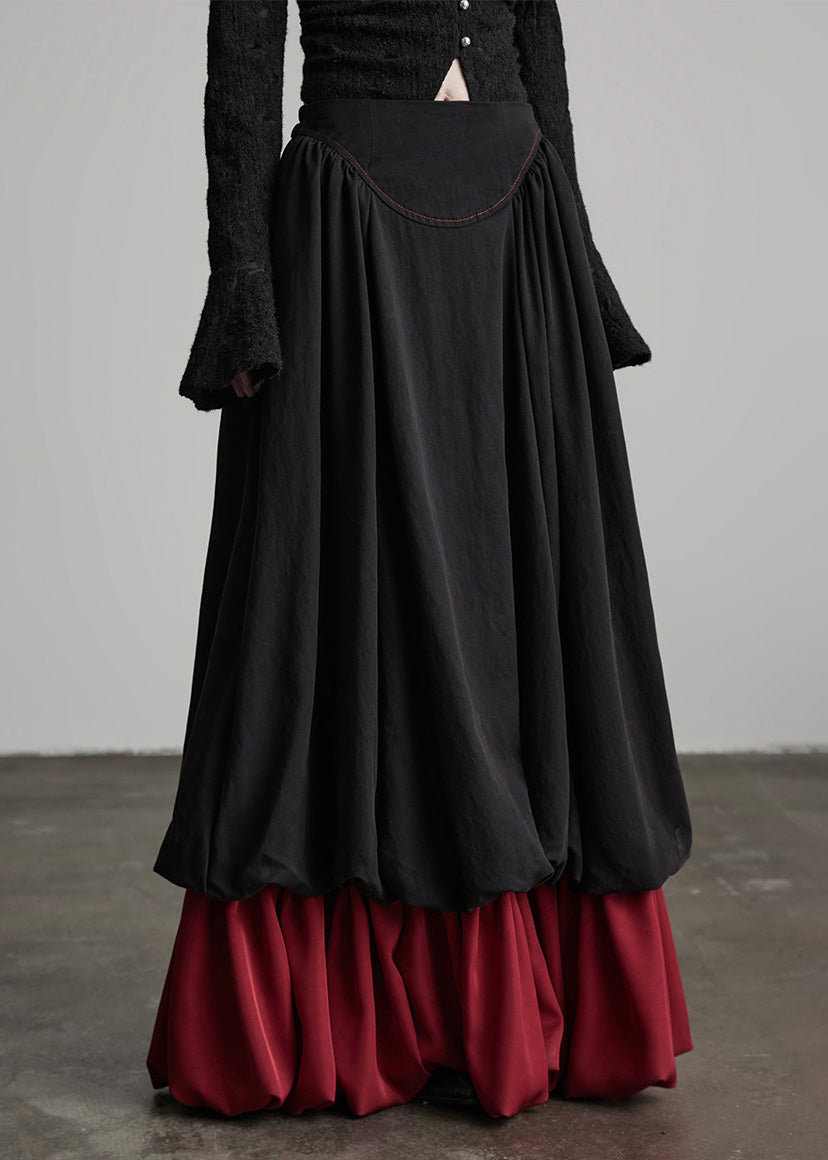 Modischer schwarzer, knitteriger Patchwork-Baumwollrock mit zweiteiliger Optik, Frühlingskollektion