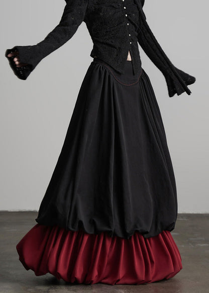 Modischer schwarzer, knitteriger Patchwork-Baumwollrock mit zweiteiliger Optik, Frühlingskollektion