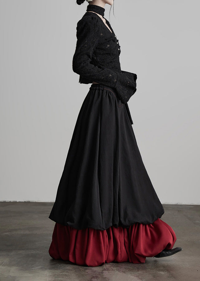 Modischer schwarzer, knitteriger Patchwork-Baumwollrock mit zweiteiliger Optik, Frühlingskollektion