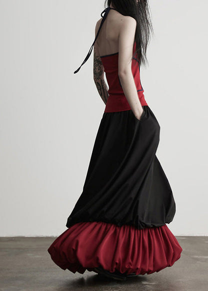 Modischer schwarzer, knitteriger Patchwork-Baumwollrock mit zweiteiliger Optik, Frühlingskollektion