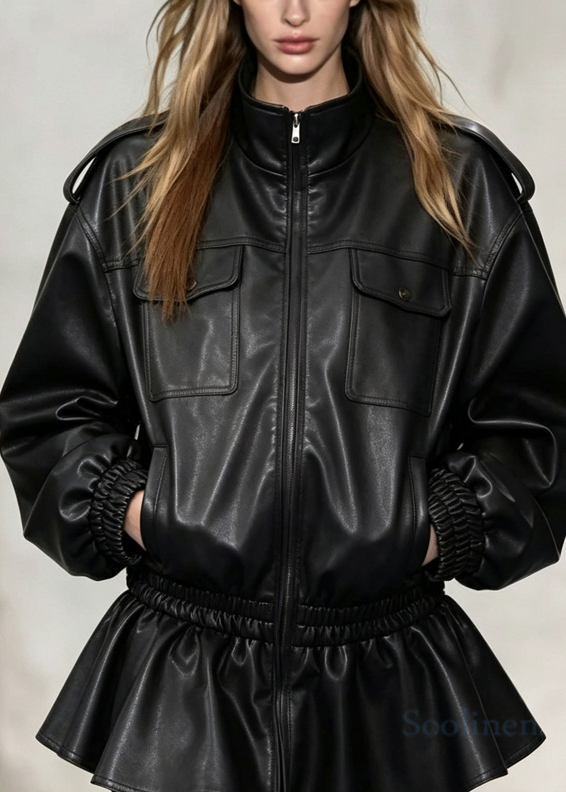 Fashion Black Zip Up Pockets Patchwork Faux Leather Trench Dress Fall
