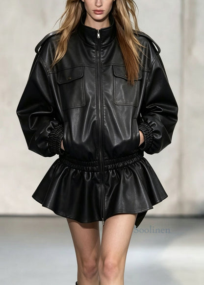 Fashion Black Zip Up Pockets Patchwork Faux Leather Trench Dress Fall