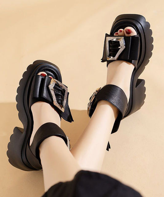 Modische schwarze Sandalen mit Reißverschluss und Schnallenriemen, klobige Sandalen