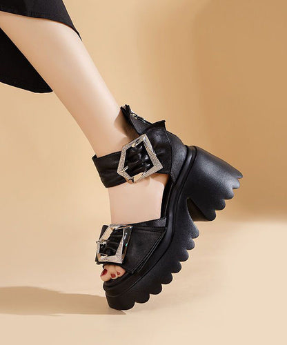 Modische schwarze Sandalen mit Reißverschluss und Schnallenriemen, klobige Sandalen