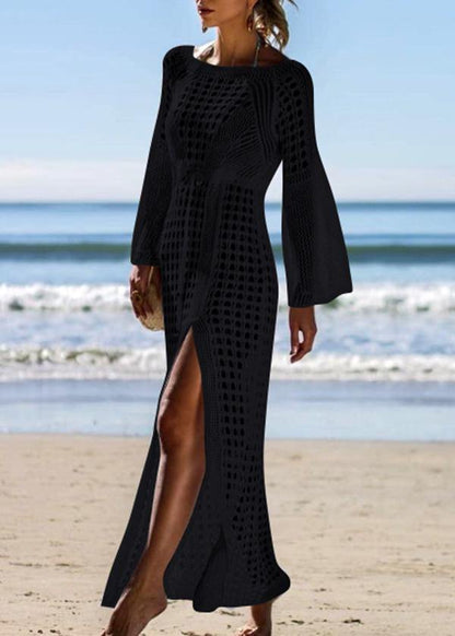 Fashion Black knitting Cotton Hollow Out Summer Dresses - SooLinen