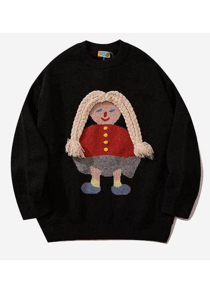 Modische schwarze Retro-Strickpullover mit Stickereien für den Herbst
