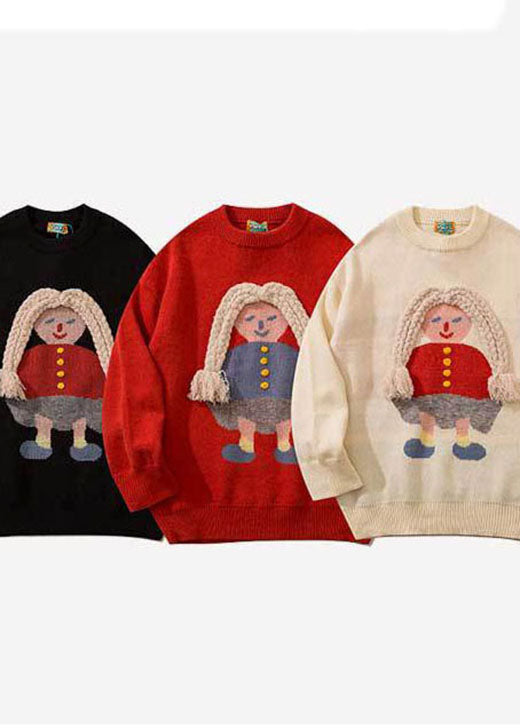 Modische schwarze Retro-Strickpullover mit Stickereien für den Herbst