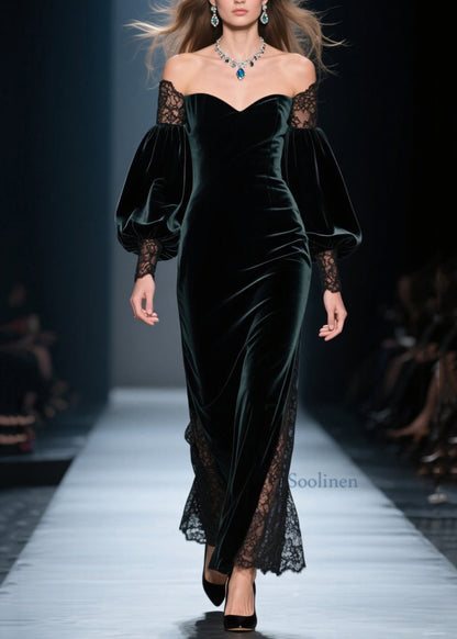 Vestidos de terciopelo con retazos de encaje y hombros descubiertos de color verde negruzco de moda para primavera