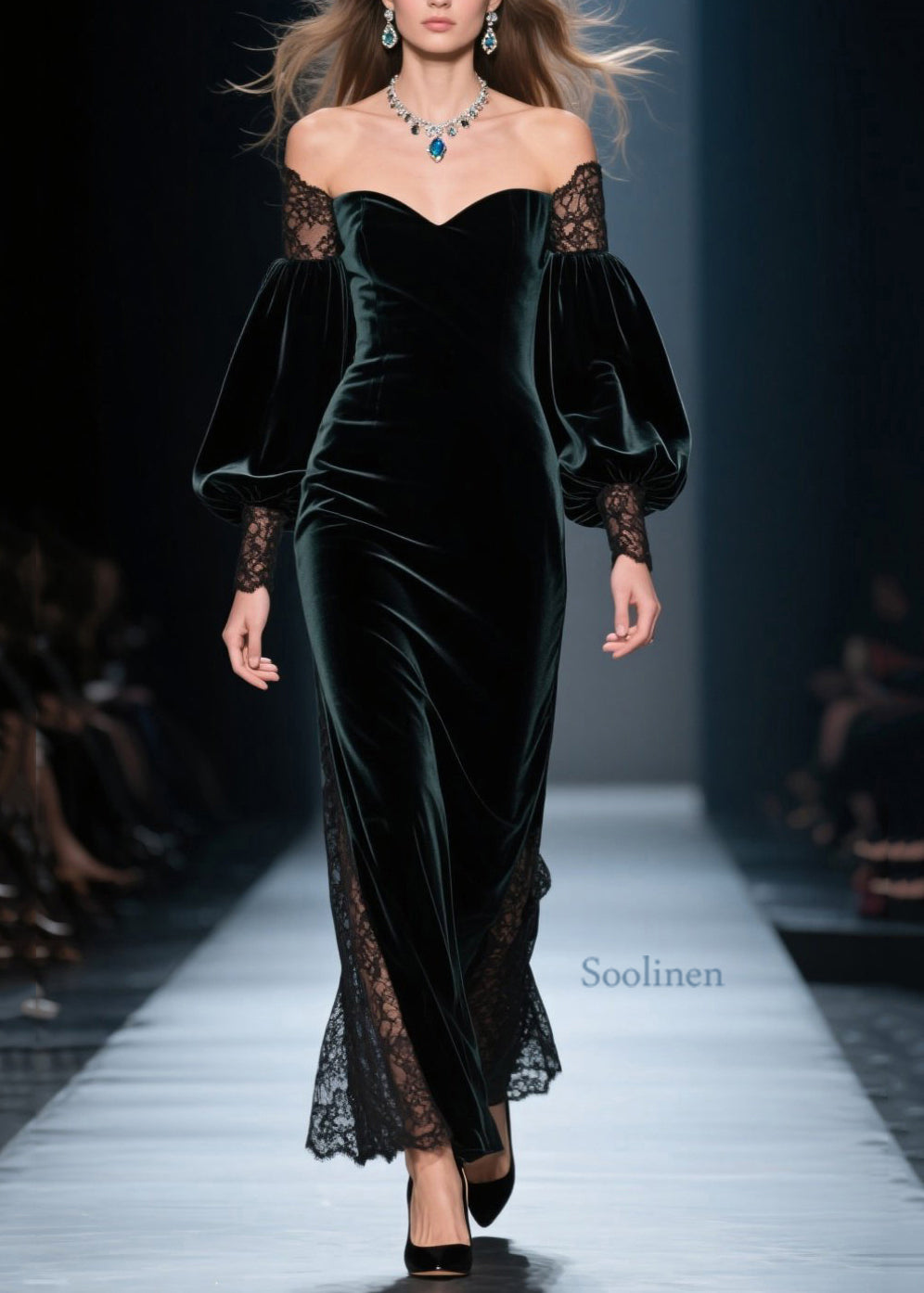 Vestidos de terciopelo con retazos de encaje y hombros descubiertos de color verde negruzco de moda para primavera