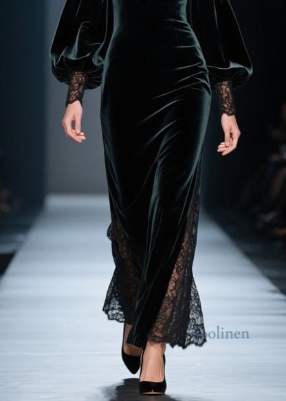 Vestidos de terciopelo con retazos de encaje y hombros descubiertos de color verde negruzco de moda para primavera