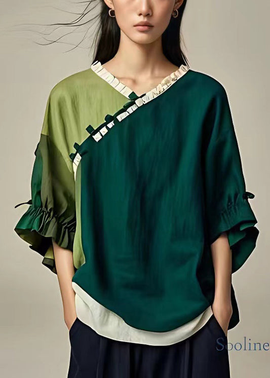 Mode Schwarz V-Ausschnitt Rüschen Baumwolle Shirt Armband Ärmel