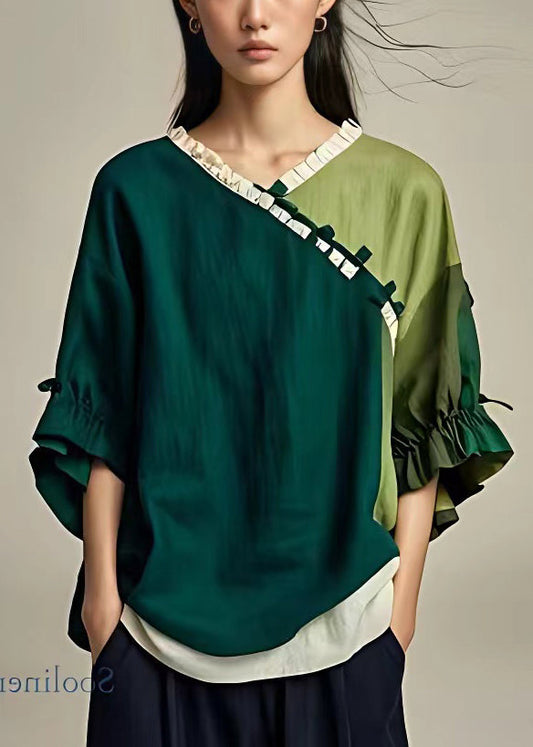 Mode Schwarz V-Ausschnitt Rüschen Baumwolle Shirt Armband Ärmel