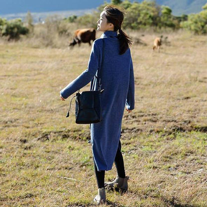 Modische blaue und rote Maxi-Pulloverkleider mit hohem Halsausschnitt für Damen