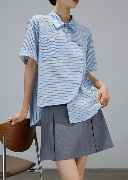 Fashion Blue Asymmetrical Design Striped Cotton Blouses Summer