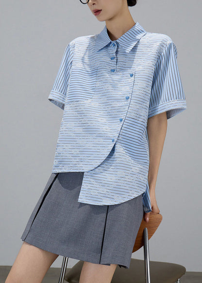 Fashion Blue Asymmetrical Design Striped Cotton Blouses Summer