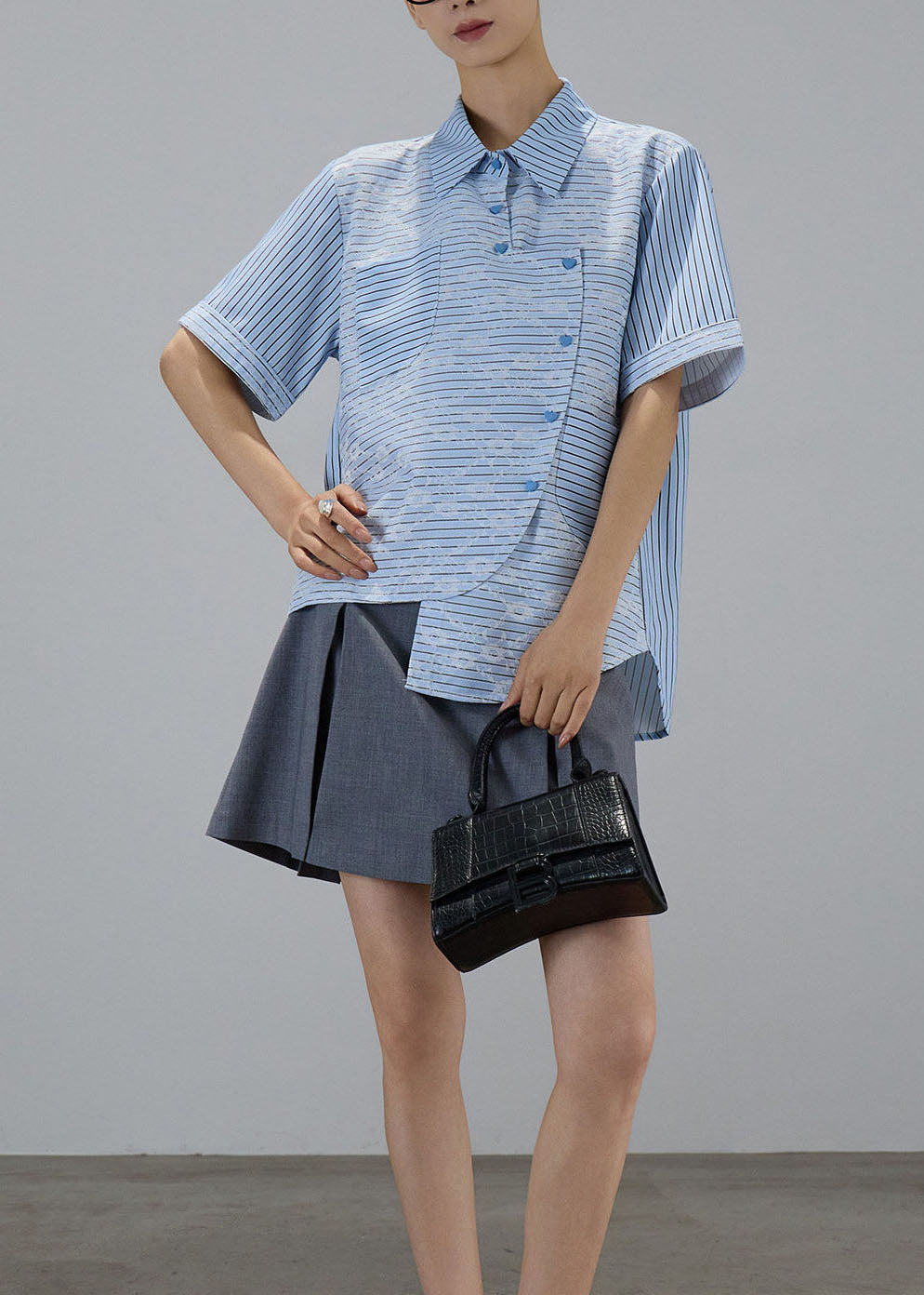 Fashion Blue Asymmetrical Design Striped Cotton Blouses Summer