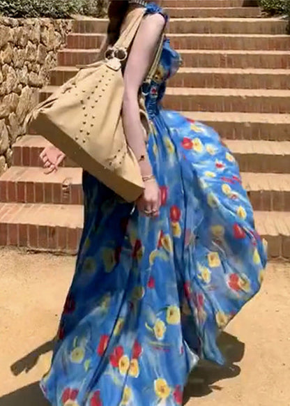 Fashion Blue Backless Print Chiffon Ankle Dress Summer