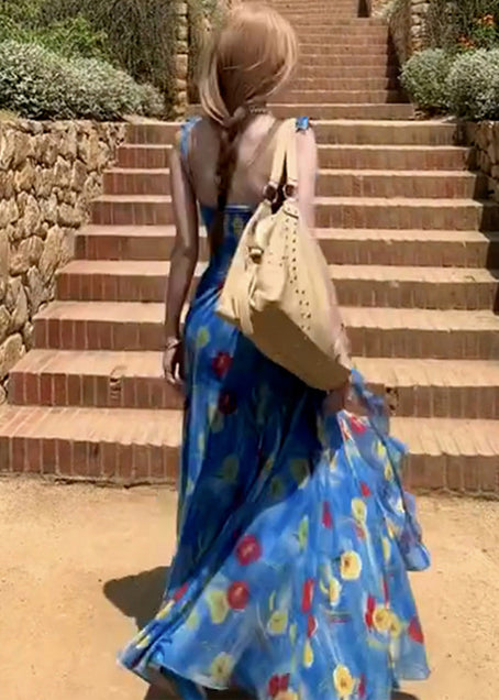 Fashion Blue Backless Print Chiffon Ankle Dress Summer