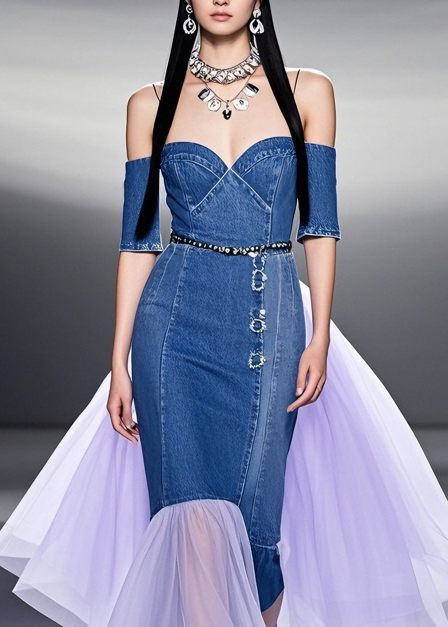 Fashion Blue Cold Shoulder Tulle Patchwork Denim Dresses Summer