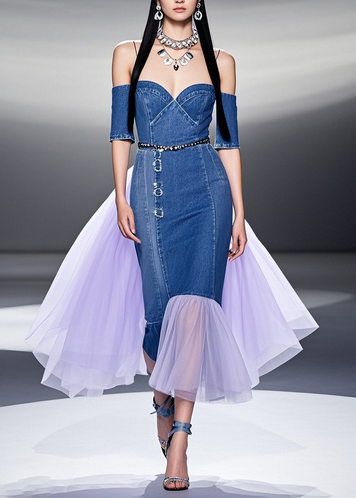 Fashion Blue Cold Shoulder Tulle Patchwork Denim Dresses Summer