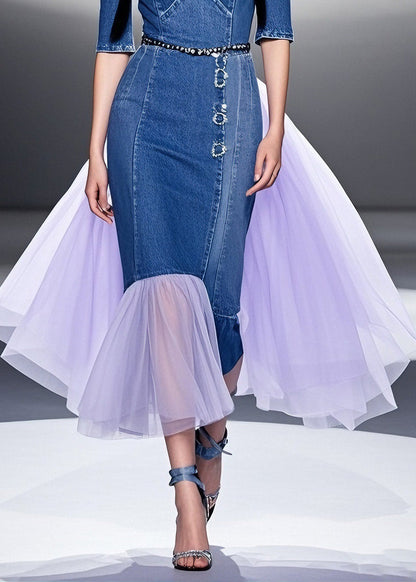 Fashion Blue Cold Shoulder Tulle Patchwork Denim Dresses Summer