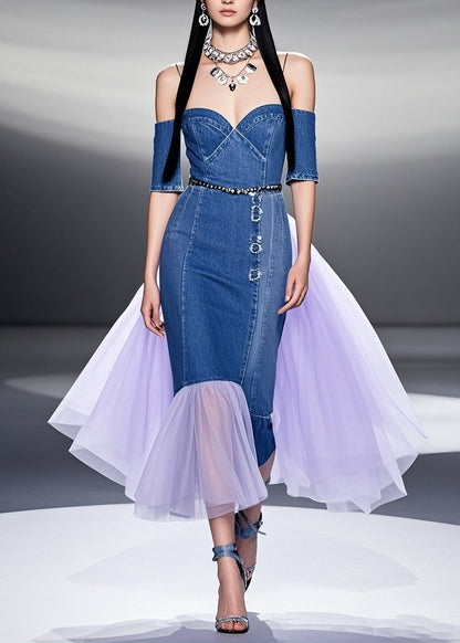 Fashion Blue Cold Shoulder Tulle Patchwork Denim Dresses Summer