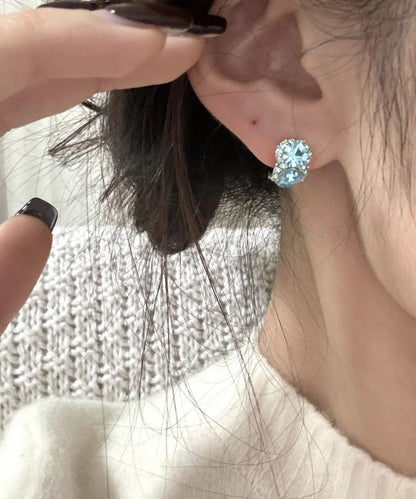 Pendientes de aro en forma de C con circonitas de aleación de cobre azul de moda