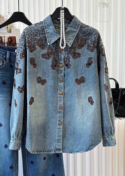 Abrigos vaqueros de moda con mariposas bordadas en azul para primavera
