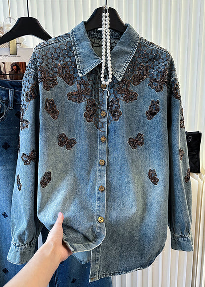 Abrigos vaqueros de moda con mariposas bordadas en azul para primavera