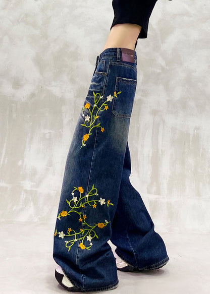 Pantalones vaqueros de patchwork con bolsillos bordados en azul de moda para primavera