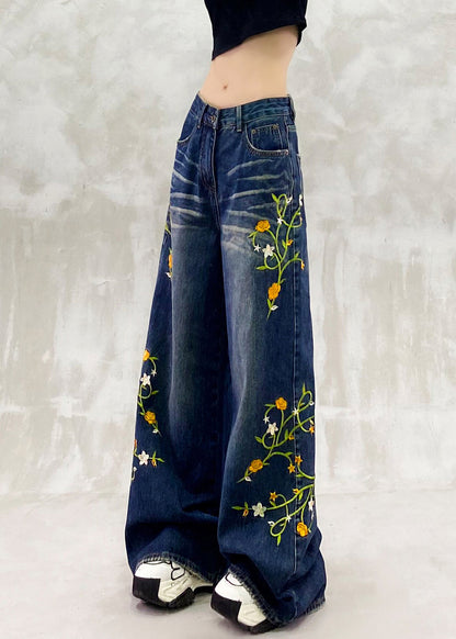 Pantalones vaqueros de patchwork con bolsillos bordados en azul de moda para primavera