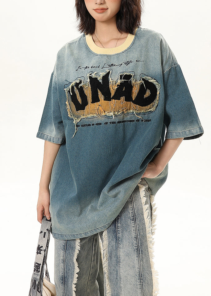 Camisetas sin mangas de mezclilla con patchwork bordado azul de moda de media manga