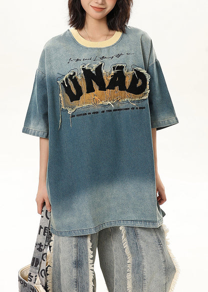 Camisetas sin mangas de mezclilla con patchwork bordado azul de moda de media manga