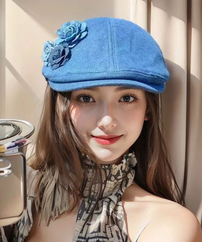 Fashion Blue Floral Versatile Denim Beret Hat