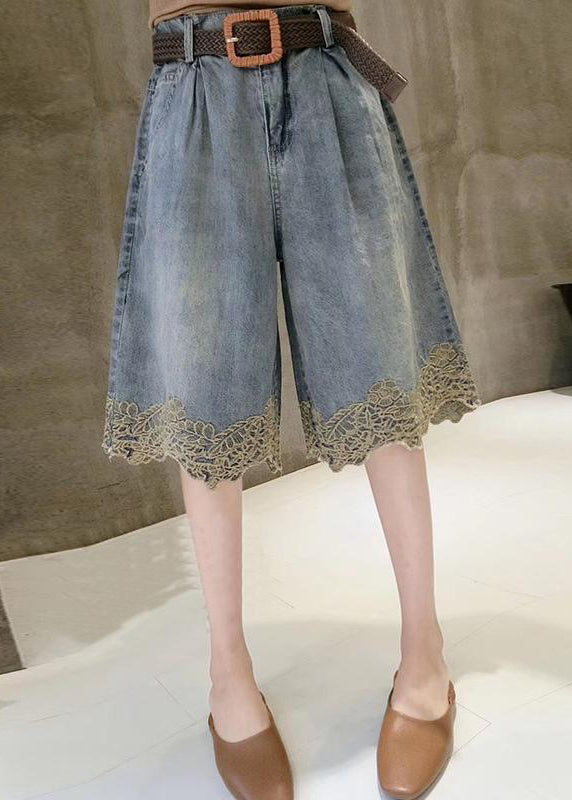 Fashion Blue Lace Patchwork Denim Hot Pants Summer