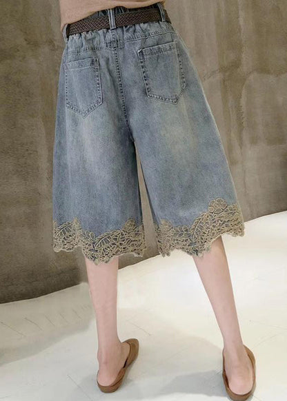 Fashion Blue Lace Patchwork Denim Hot Pants Summer