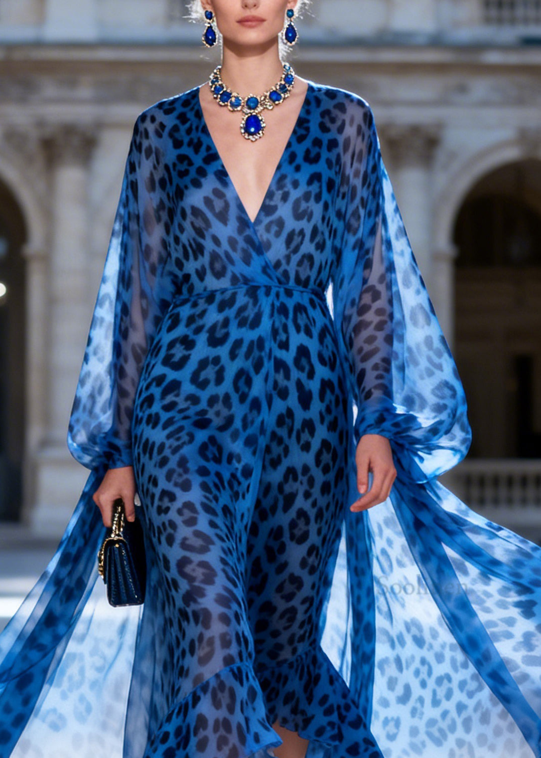 Fashion Blue Leopard V Neck Patchwork Chiffon Long Dress Summer