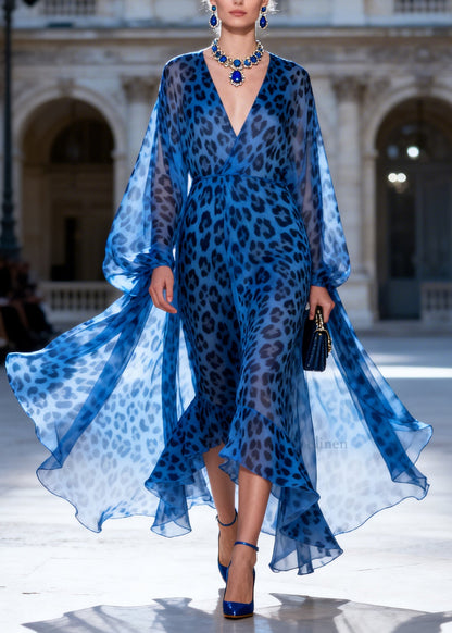 Fashion Blue Leopard V Neck Patchwork Chiffon Long Dress Summer