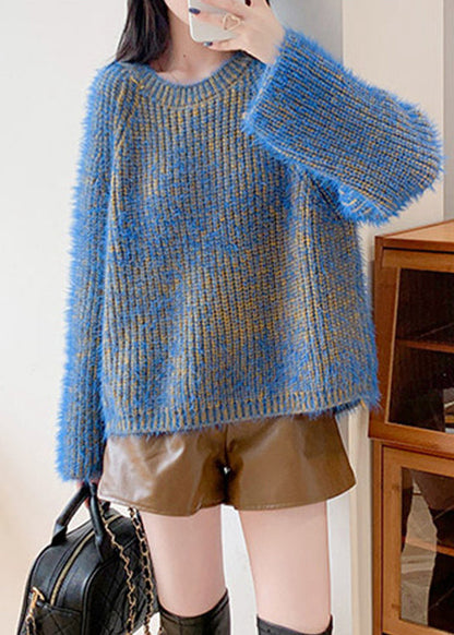 Mode Blau O-Ausschnitt Gemütliche Low High Design Strickpullover Herbst