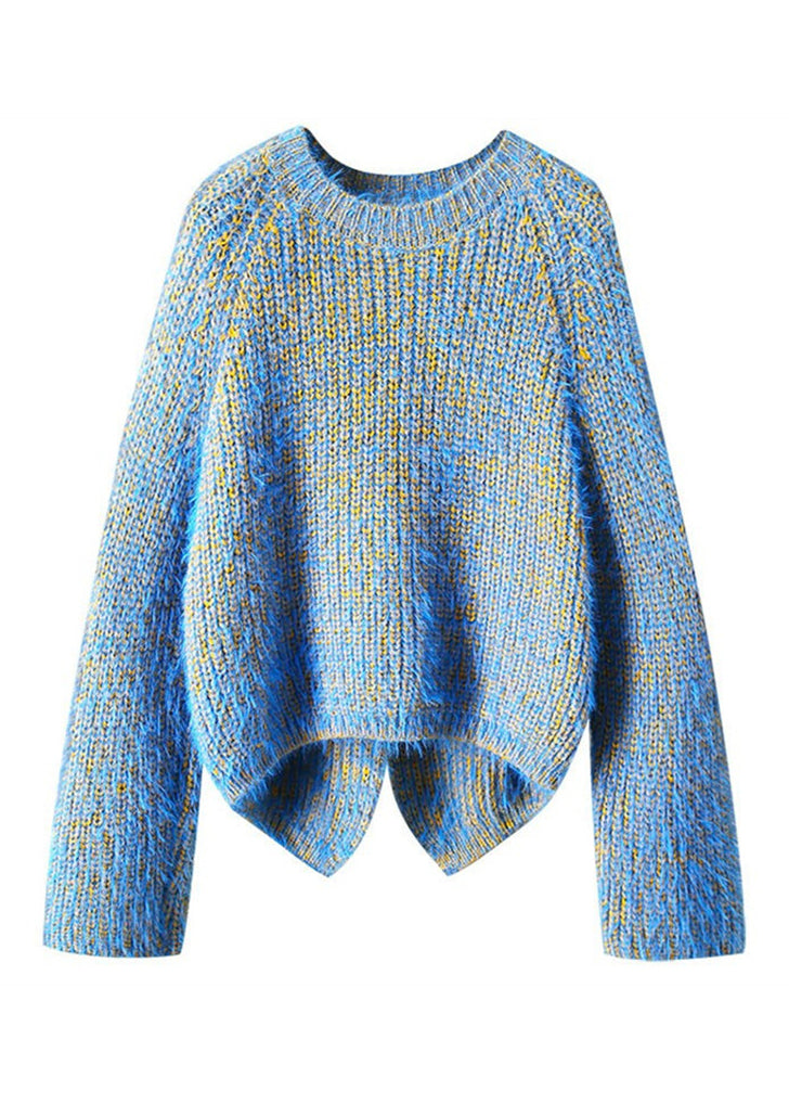 Mode Blau O-Ausschnitt Gemütliche Low High Design Strickpullover Herbst