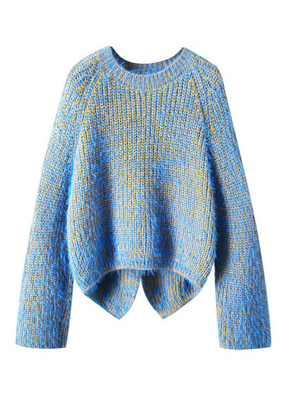 Mode Blau O-Ausschnitt Gemütliche Low High Design Strickpullover Herbst