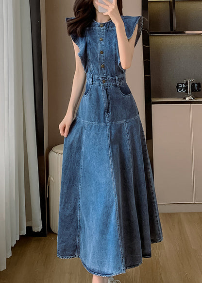 Fashion Blue O Neck Patchwork Denim Long Dress Butterfly Sleeve