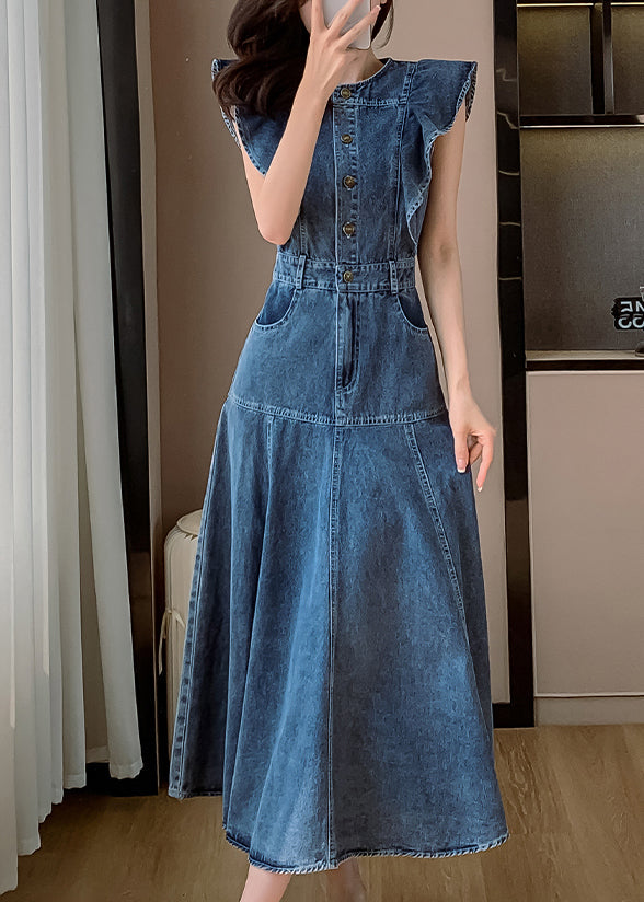 Fashion Blue O Neck Patchwork Denim Long Dress Butterfly Sleeve