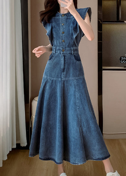 Fashion Blue O Neck Patchwork Denim Long Dress Butterfly Sleeve