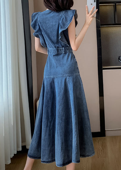 Fashion Blue O Neck Patchwork Denim Long Dress Butterfly Sleeve