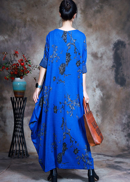 Mode Blau O-Ausschnitt Print Baumwolle Maxi Kleid Frühling