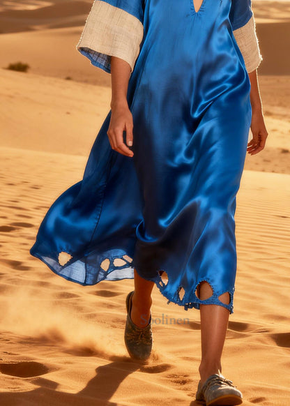 Fashion Blue Oversized Patchwork Silk Ripped Dress Summer
