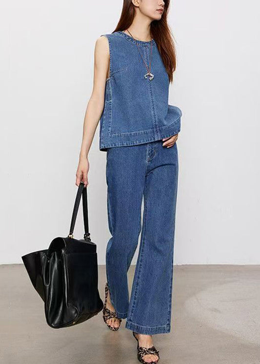 Fashion Blue Patchwork Denim Top And Jeans Two Pieces Set Sleeveless