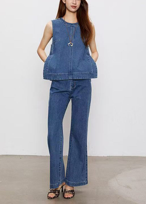 Fashion Blue Patchwork Denim Top And Jeans Two Pieces Set Sleeveless