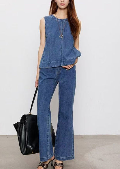 Fashion Blue Patchwork Denim Top And Jeans Two Pieces Set Sleeveless